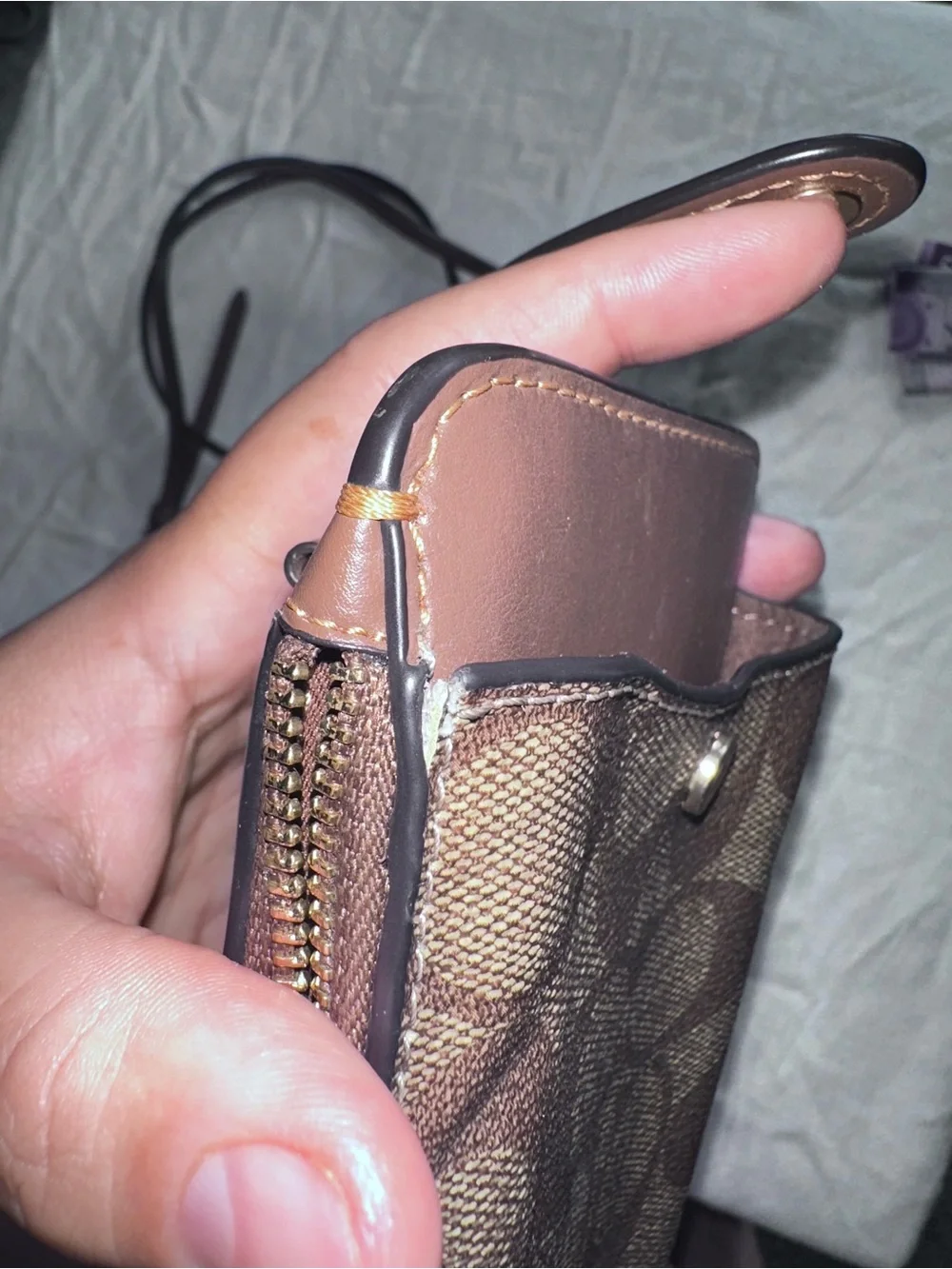 Coach Brown Signature Canvas Crossbody Phone Pouch with Chain Strap